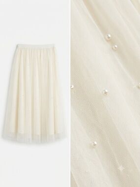 Cream Pearl Embellished Tulle Midi Skirt Faux Pearl Overlay Flowy Layered Skirt